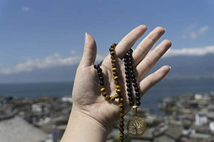 COAI Tree of Life Pendant Tiger Eye Obsidian Stone 108 Beads Mala Necklace