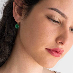 14K Gold Malachite Earrings - 14K Solid Yellow Gold Drop Earrings, 12mm Natural Round Stone, Genuine Dark Green Gemstone, May Birthstone Taurus Birthday Gift - Minimalist Handmade Statement Jewelry