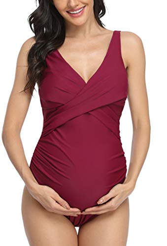 EastElegant Maternity One Piece Swimwear Pregnancy Front Cross Bathing Suits with Adjustable Shoulder Straps Wine Red S