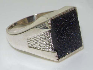 Gents Solid 925 Sterling Silver Blue Goldstone Mens Mans Signet Ring - Size 6.25 - Sizes 6 to 13 Available