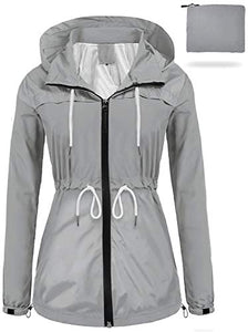 sunseen Women's Outdoor Waterproof Raincoat Packable Lightweight Rain Jacket Hooded Outerwear Trench Coat Travel Windbreaker (Grey, XL)