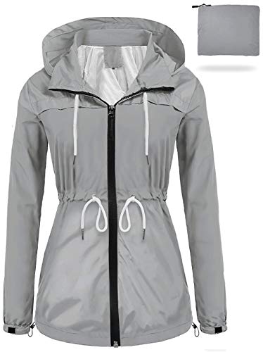 sunseen Women's Outdoor Waterproof Raincoat Packable Lightweight Rain Jacket Hooded Outerwear Trench Coat Travel Windbreaker (Grey, XL)