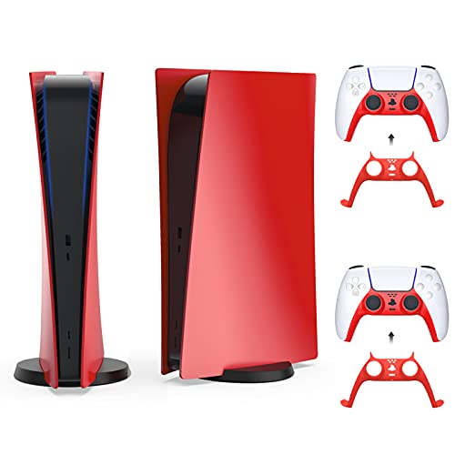 NexiGo PS5 Accessories Cover Set, PS5 Controller Faceplate & Protective Shell Cover for Playstation 5 Digital Edition, Anti-Scratch Dustproof Protective Cover for Sony PS5 Console (Red)