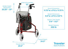 Load image into Gallery viewer, NOVA Traveler 3 Wheel Rollator Walker, All Terrain 8” Wheels, Includes Bag, Basket and Tray, Red
