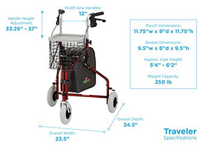 NOVA Traveler 3 Wheel Rollator Walker, All Terrain 8” Wheels, Includes Bag, Basket and Tray, Red