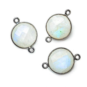 15mm Black Gold .925 Corrugated Bezel Rainbow Moonstone Coin 2 Ring Connector 1 pc