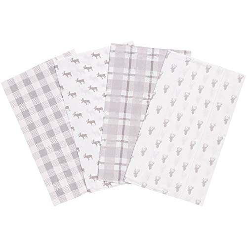 Stag and Moose 4 Pack Flannel Baby Burp Cloth Set - Grey Forest Animals 100% Cotton