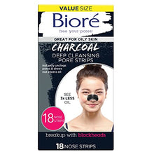 Load image into Gallery viewer, Bioré Charcoal Blackhead Remover Pore Strips, Nose Strips for Instant Blackhead Removal on Oily Skin, with Pore Unclogging, features Natural Charcoal, See 3x Less Oil, 18 Count
