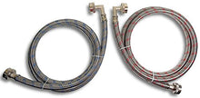 Load image into Gallery viewer, Premium Stainless Steel Washing Machine Hoses with 90 Degree Elbow, 6 Ft Burst Proof (2 Pack) Red and Blue Striped Water Connection Inlet Supply Lines - Lead Free
