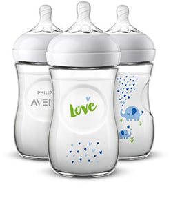 Philips Avent Natural Baby Bottle with Blue Elephant Design, 9oz, 3pk