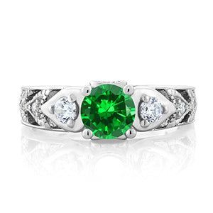 Gem Stone King 925 Sterling Silver Green Simulated Emerald Women Engagement Ring (2.76 Ct Round) (Size 7)