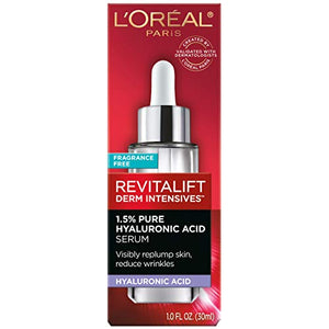 Hyaluronic Acid Serum for Skin, L'Oreal Paris Skincare Revitalift Derm Intensives 1.5% Pure Hyaluronic Acid Face Serum, Hydrates, Moisturizes, Plumps Skin, Reduces Wrinkles, Anti Aging Serum, 1 Oz