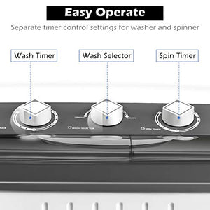 COSTWAY Washing Machine, Twin Tub 20Lbs Capacity, Washer(12Lbs) and Spinner(8Lbs), Portable Compact Laundry Machines Durable Design Energy Saving, Rotary Controller and Washer Spin Dryer(Grey + White)