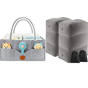 Inflatable Travel Foot Rest Pillow (2 PAK ) + Portable Nursery Caddy Bin with Handle