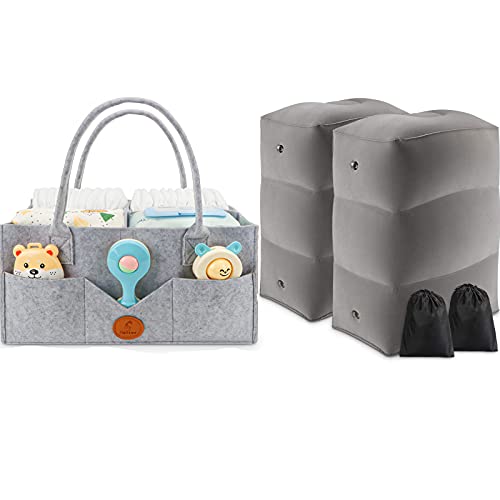 Inflatable Travel Foot Rest Pillow (2 PAK ) + Portable Nursery Caddy Bin with Handle