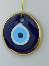 Load image into Gallery viewer, Erbulus Glass Blue Evil Eye Wall Hanging Gold Ornament – Turkish Nazar Bead - Home Protection Charm - Wall Decor Amulet in a Box
