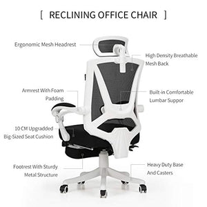 Hbada Reclining Office Desk Chair | Adjustable High Back Ergonomic Computer Mesh Recliner | White Home Office Chairs with Footrest and Lumbar Support