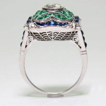 Load image into Gallery viewer, Yuren 925 Sterling Silver Vintage Emerald Ring Blue Sapphire White Topaz Ring Women Wedding Fashion Jewelry Size 6-10 (US Code 10)
