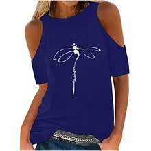 Load image into Gallery viewer, Womens Summer Cold Shoulder Short Sleeve Tops Fashion Crewneck Loose Fit Tee Shirts Casual Dragonfly Print Blouses Blue
