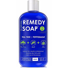 Load image into Gallery viewer, Remedy Soap Tea Tree Oil Body Wash | Helps Body Odor, Athlete&#39;s Foot, Jock Itch, Ringworm, Yeast Infections, Skin Irritations | Shower Gel for Women/Men | 100% Natural Tea Tree, Mint &amp; Aloe Skin Cleanser (12 oz)
