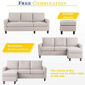 Shintenchi Convertible Sectional Sofa Couch, Modern Linen Fabric L-Shaped Couch 3-Seat Sofa Sectional with Reversible Chaise for Small Living Room, Apartment and Small Space,(Beige)