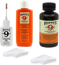 Load image into Gallery viewer, Hoppes 9 Elite Gun Cleaning kit - Gun Bore Cleaner and Lubricant Oil with 14.9 ML Precision Lubricator and 25-40 Patches for .38, 9mm.40.44 and .45 Caliber
