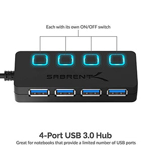Sabrent 4-Port USB 3.0 Hub with Individual LED Lit Power Switches, Includes 5V/2.5A Power Adapter (HB-UMP3)