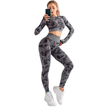 Load image into Gallery viewer, MANON ROSA Workout Sets Women 2 Piece Legging Long Sleeve Crop Top Yoga Active Clothes Camouflage Gray Medium
