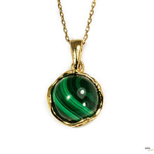 Load image into Gallery viewer, Malachite Necklace - 14K Gold Plated over 925 Sterling Silver, Dainty 12mm Natural Stone, Genuine Dark Green Malachite Gemstone Pendant, Delicate Handmade Vintage Antique Jewel for Women
