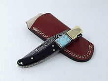 Load image into Gallery viewer, Damascus Knives Laguiole Style Pocket Knife Ram Horn &amp; Turquoise Handle With Leather Sheath Made in Ancient Persian Indus Valley

