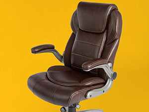 AmazonCommercial Ergonomic High-Back Bonded Leather Executive Chair with Flip-Up Arms and Lumbar Support, Brown