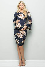 Load image into Gallery viewer, My Bump Women's Maternity Dress - Printed Fitted Stretch Bell Sleeve W/Ruched, Navy SKAC Medium
