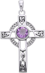 Jewelry Trends Sterling Silver Celtic Knotwork Cross with Amethyst Pendant on 18 Inch Chain Necklace