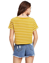 Load image into Gallery viewer, ROMWE Women's Knot Front Long Sleeve Striped Crop Top Tee T-shirt, Yellow &amp; White, Small / US 0-2
