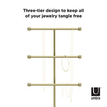 Load image into Gallery viewer, Umbra Trigem Hanging Organizer – 3 Tier Table Top Necklace Holder, Box Display with Jewelry Tray Base, Brass
