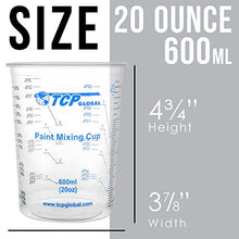 Load image into Gallery viewer, TCP Global 20 Ounce (600ml) Disposable Flexible Clear Graduated Plastic Mixing Cups - Box of 100 Cups &amp; 50 Mixing Sticks - Use for Paint, Resin, Epoxy, Art, Kitchen - Measuring Ratios 2-1, 3-1, 4-1 ML
