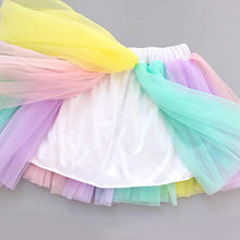 Load image into Gallery viewer, Girls Layered Tutu Skirt with Unicorn Tshirt, Headband &amp; Satin Sash (Pink Purple Blue, 7-8 Years)
