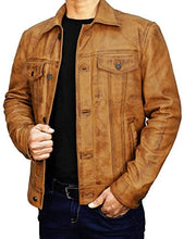 Load image into Gallery viewer, Men's Brown Leather Jacket, Slim Fit Real Lambskin Motorcycle Leather Trucker Jacket Men.
