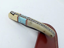 Load image into Gallery viewer, Damascus Knives Laguiole Style Pocket Knife White Bone &amp; Turquoise Handle With Leather Sheath Made in Ancient Persian Indus Valley
