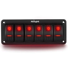 Load image into Gallery viewer, Nilight 6 Gang Rocker Switch Panel 5Pin On Off Toggle Switch Aluminum Holder 12V 24V Dash Pre-Wired Red Backlit Switches for Automotive Cars Marine Boats RVs Truck, 2 Years Warranty
