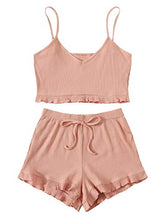Load image into Gallery viewer, SheIn Women's 2 Pieces Sleeveless V Neck Crop Top Frill Trim Shorts Pajama Sets Pink X-Large
