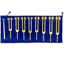 Load image into Gallery viewer, Chakra Tuning Forks Set for Healing, 7 Chakra+1 Soul Purpose Weighted Tuning Forks with Rubber Mallet,Velvet Storage bag, Aluminum Alloy, Golden,(126.22 Hz, 136.1 Hz, 141.27 Hz, 172.06 Hz etc)
