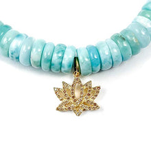 Load image into Gallery viewer, Diamond 14k Gold Lotus Flower Charm on Larimar Bracelet - 7 inches Long Elastic Thread Stretchy Handmade Bracelet by Miller Mae Designs
