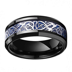 N-A 8 mm Unisex Black Tungsten Carbide Ring with Dragon Blue Rings Carbon Fiber Inlay Polished Shiny Beveled Design