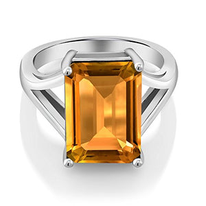 Gem Stone King 925 Sterling Silver Yellow Citrine Women's Solitaire Engagement Ring (8.20 Cttw Emerald Cut, Gemstone Birthstone) (Size 7)