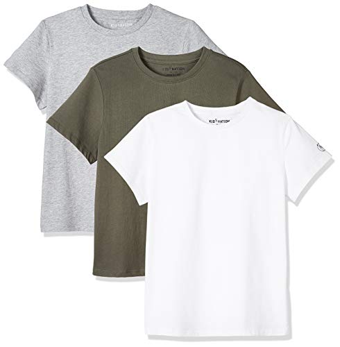 Kid Nation Kids Unisex 3 Packs 100% Cotton Tagless Short Sleeve Crewneck T Shirts S White+Gray Heather+Olive
