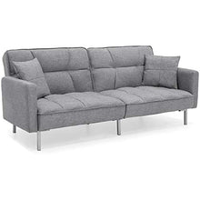 Load image into Gallery viewer, Best Choice Products Convertible Linen Fabric Tufted Split-Back Plush Futon Sofa Furniture for Living Room, w/ 2 Pillows, Wood Frame, Metal Legs - Dark Grey
