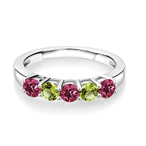 Gem Stone King 0.86 Ct Round Pink Tourmaline Green Peridot 925 Sterling Silver Ring (Size 6)