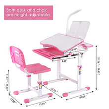 Load image into Gallery viewer, POTBY Kids Desk and Chair Set, Height Adjustable Children Study Table with Wood Tiltable Anti-Reflective Tabletop, Bookstand, Pull-Out Drawer Storage and Touch Led for School Students (Pink)

