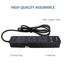 Load image into Gallery viewer, 2 Prong Power Strip, 3-Outlet Surge Protector Power Strip with 4 USB Charging Ports, 6.6ft Extension Long Cord for Smartphone Home Indoor Office Desktop, Black
